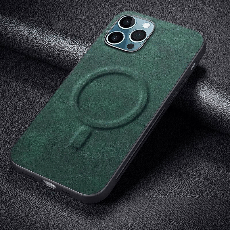 Luxury Leather Case Shockproof Soft Compatible with wireless charging Magsafe - For iPhone 15 Pro Max / Green - Sky-cover