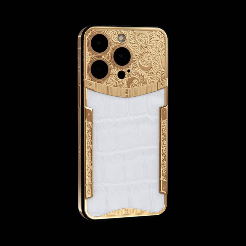 24k gold plated pure white genuine leather case for iPhone 13 Pro Max - Sky-cover
