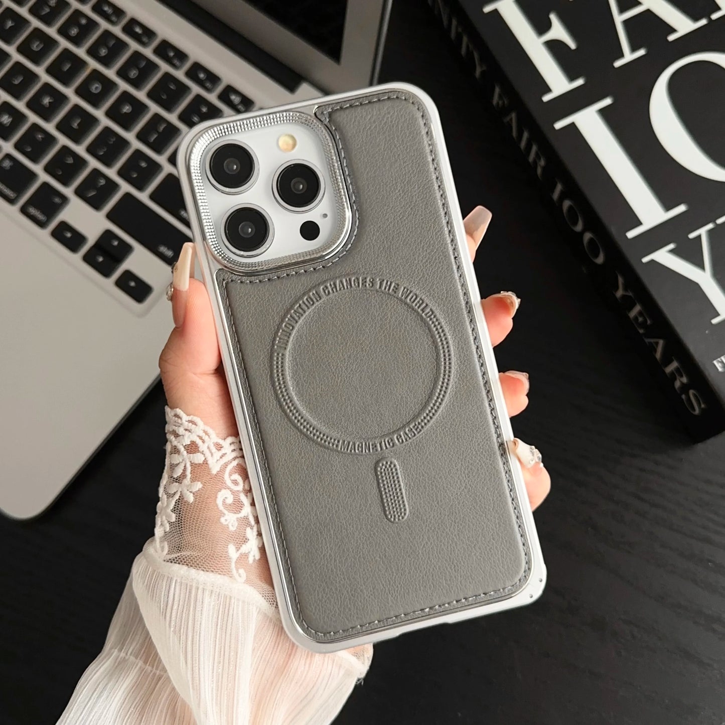 Luxury Leather Metal Frame Magnetic Phone Case For iPhone 15 14 Pro Max Aluminum Alloy - Gray / For iPhone 15 Pro Max - Sky-cover