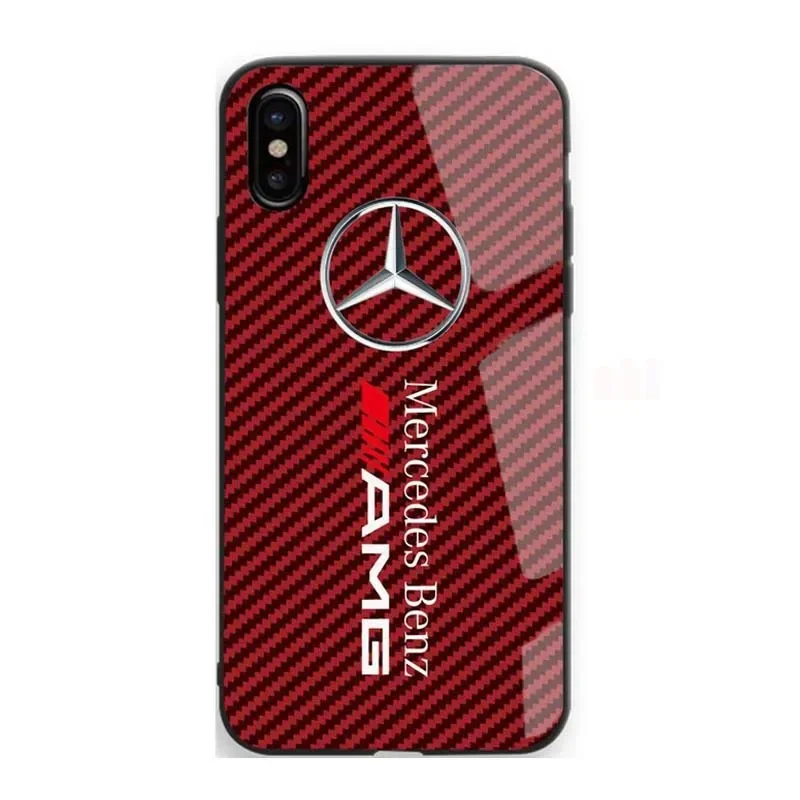 Mercedes Benz Red Black Carbon Fiber Phone Case For iPhone 15 14 13 12 11 Pro Back Glass - AMG 03 / iPhone 15 Pro Max - sky-cover