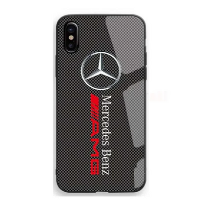 Mercedes Benz Red Black Carbon Fiber Phone Case For iPhone 15 14 13 12 11 Pro Back Glass - AMG 02 / iPhone 15 Pro Max - sky-cover