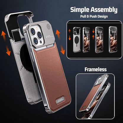 Luxury Metal Leather Phone Case For iPhone 15 14 13 Pro Max Aluminum Magnetic Phone Cover