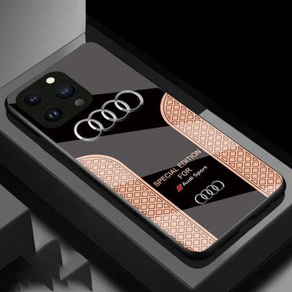 Luxury Audi Sports Car Pattern Phone Case Hard Glass Cover for iPhone - Black Gold / for iphone 15 pro max - sky-cover