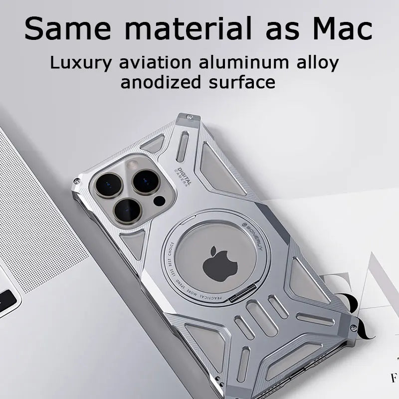 Luxury Metal Hollow Heat-Absorbing Phone Case for iPhone 15 14 13 Pro Max with Aluminum Magnetic Holder - Sky-cover