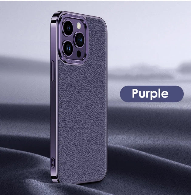 Luxury dermis Phone Case For iPhone 14 13 12 Pro Max Genuine leather Electroplated border Cover - Purple / For iPhone 14 Pro Max - Sky-cover