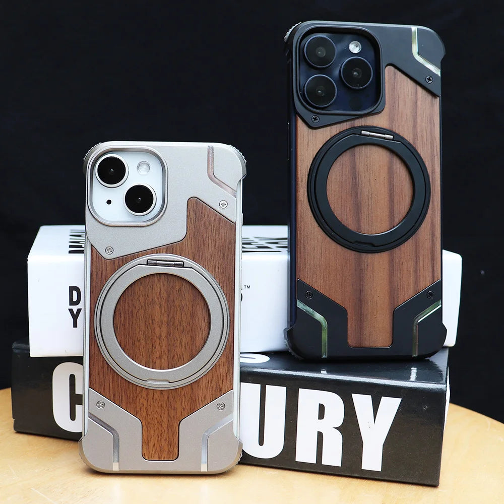 Luxury Magnetic Magsafe Phone Case for IPhone 15 14 13 Pro Max Walnut Wood Metal Case 360°Rotating Ring Stand Framework - Sky-cover