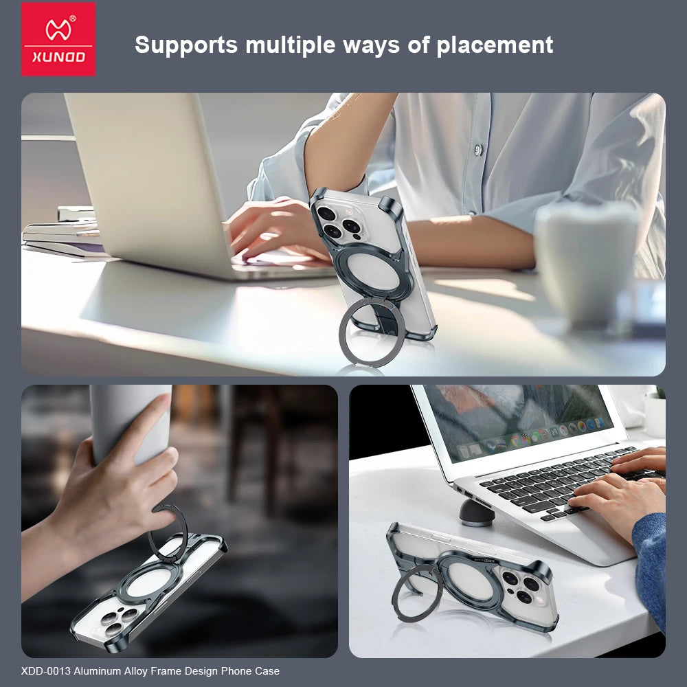 Xundd For iPhone 16 Pro 16 15 Pro Max Aluminum Alloy Protective Frame with 360° Rotatable Magnetic Stand For Wireless Charging - Sky-cover