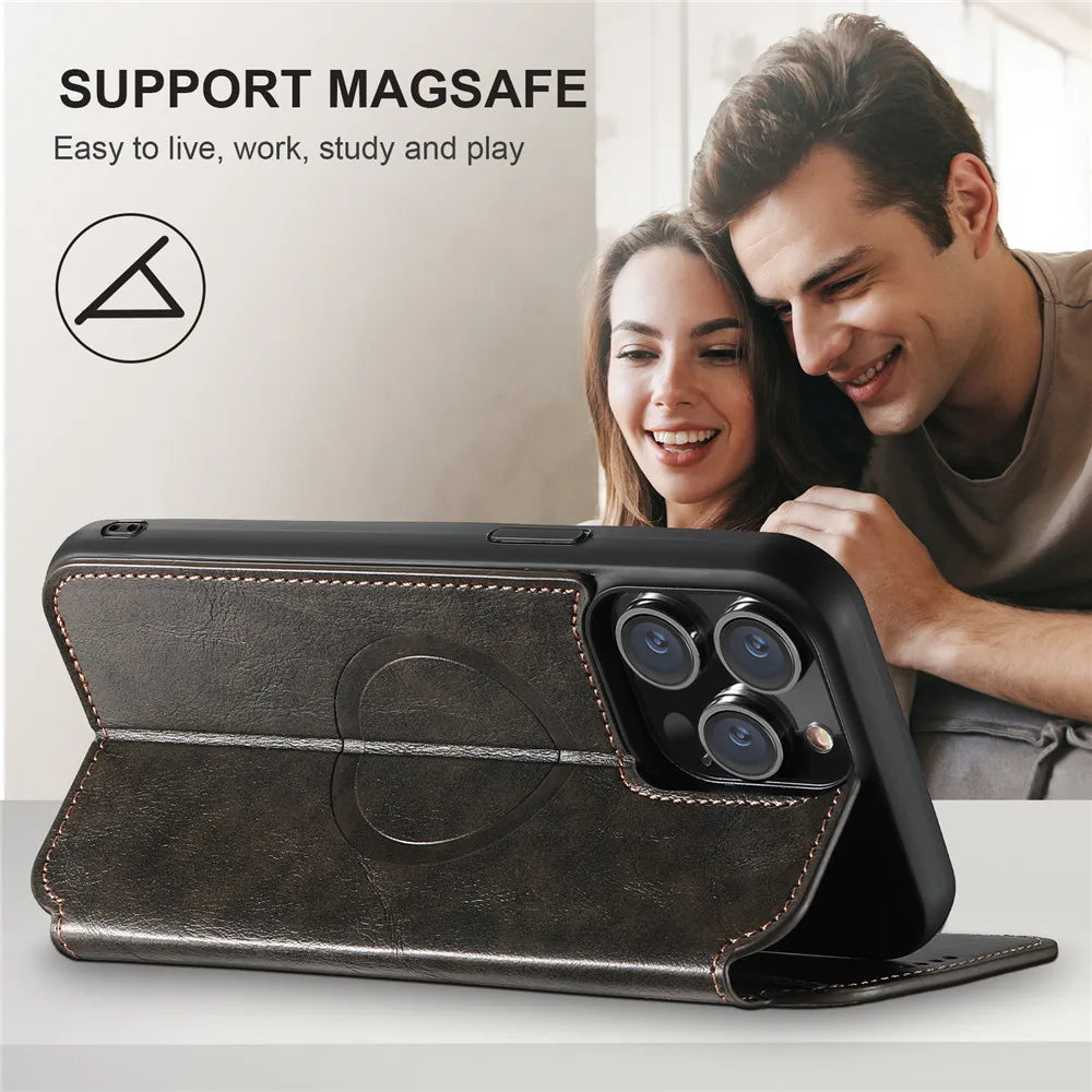 Leather Magnetic Kickstand Case with Card Storage – Dual-Layer Full Coverage for iPhone - Sky-cover