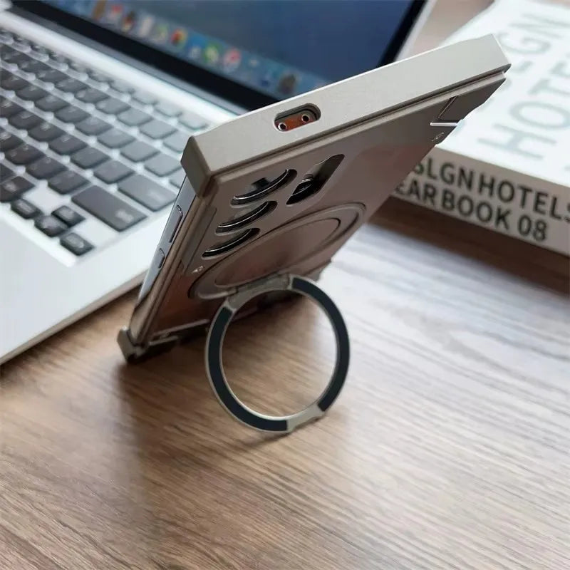 luxury Walnut metal case with 360-degree rotating magnetic stand - Sky-cover