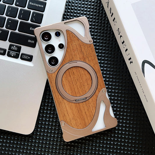 Walnut Wood Metal Case with 360 Degree Rotating Magnetic Holder for Samsung - Sky-cover