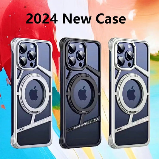 2024 Aluminum Alloy Magnetic Phone Case for iPhone 16 15 14 pro max with 360 Degree Rotating Holder