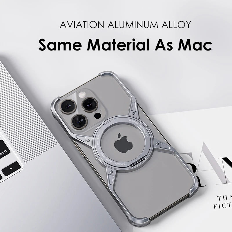 Aluminum Alloy Rimless Magnetic Stand Phone Case For iPhone 15 14 13 16 series Detachable Metal Magsafe Cooling Shockproof Cover - SKYCOVER