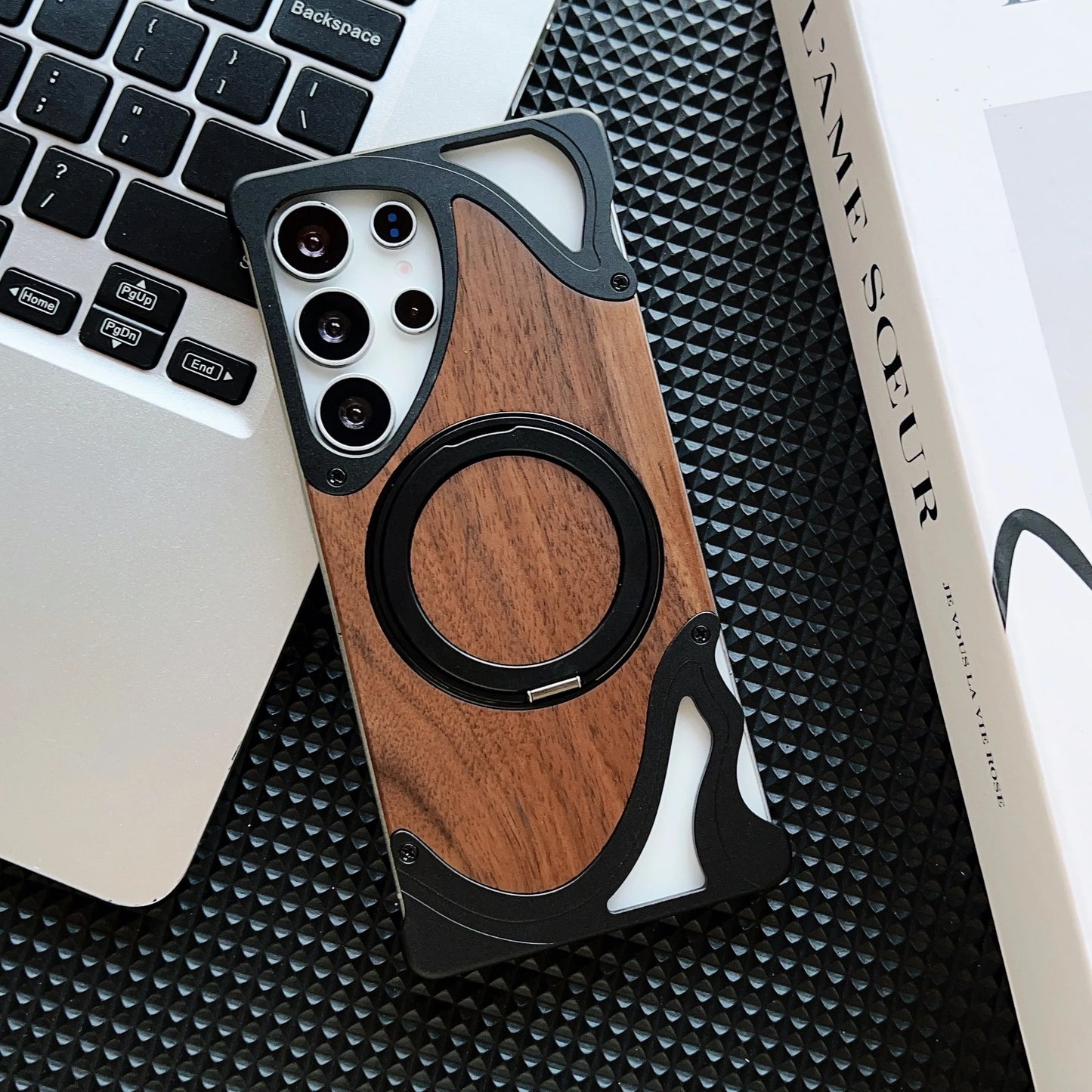 luxury Walnut metal case with 360-degree rotating magnetic stand - Sky-cover