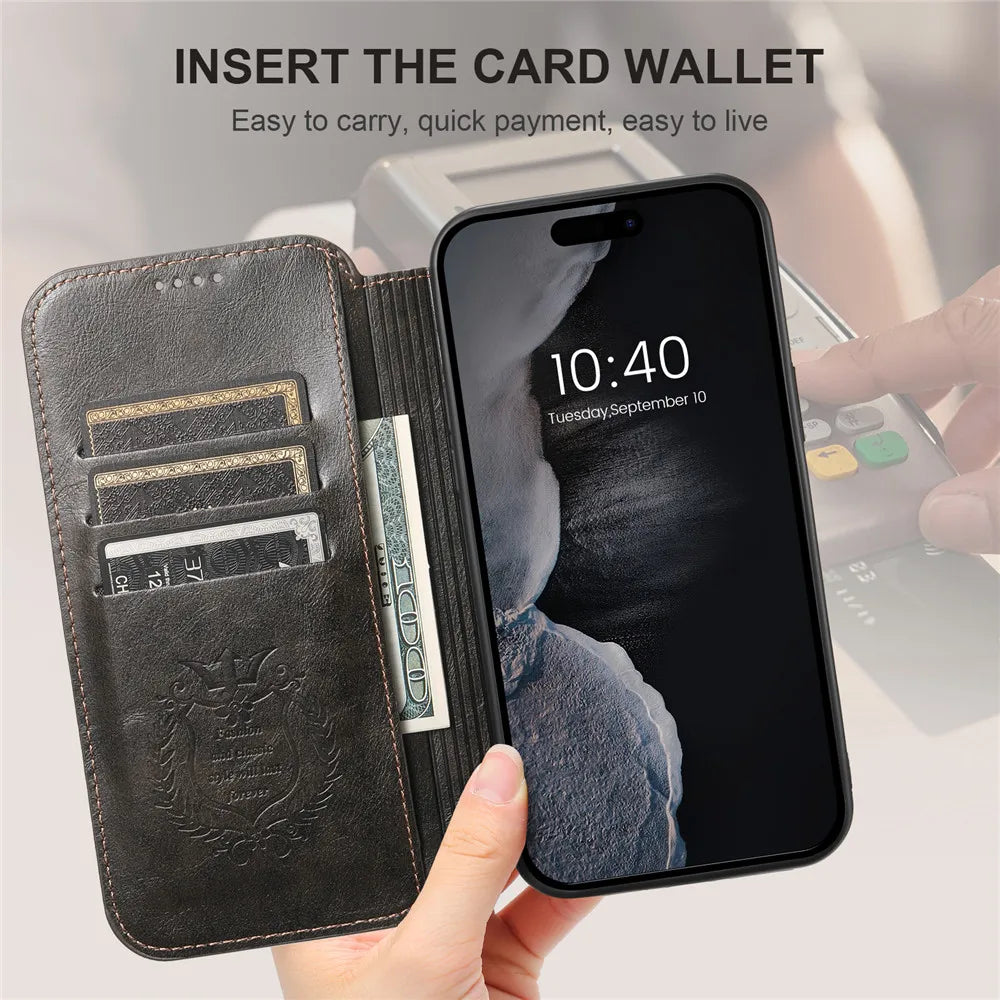 Leather Magnetic Kickstand Case with Card Storage – Dual-Layer Full Coverage for iPhone - Sky-cover