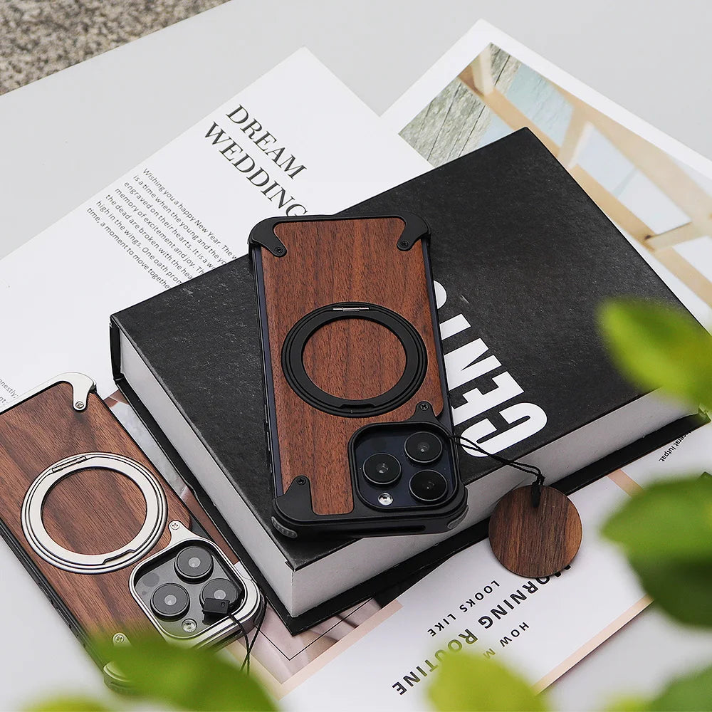 Luxury Magnetic Magsafe Phone Case for IPhone 15 14 13 Pro Max Walnut Wood Metal Case 360°Rotating Ring Stand Framework - Black / For iPhone 15 Pro Max - Sky-cover