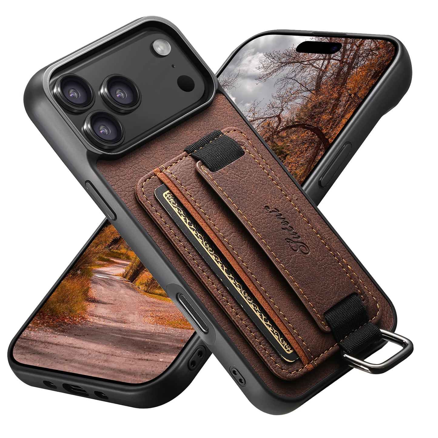 Luxury Leather iPhone Phone Case with Wrist Strap, Ring, Card Holder and Pouch - Sky-cover