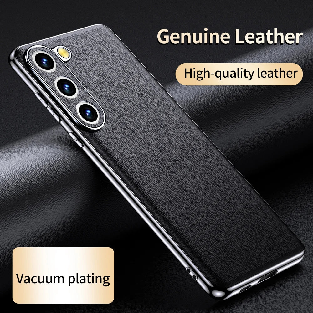 Genuine Cowhide Leather Phone Case for Samsung Galaxy S24 S23 Ultra S22 Plus S21 FE Note 20 Plating Shockproof Protector Cover - Orange / For Galaxy S24 Ultra - Sky-cover