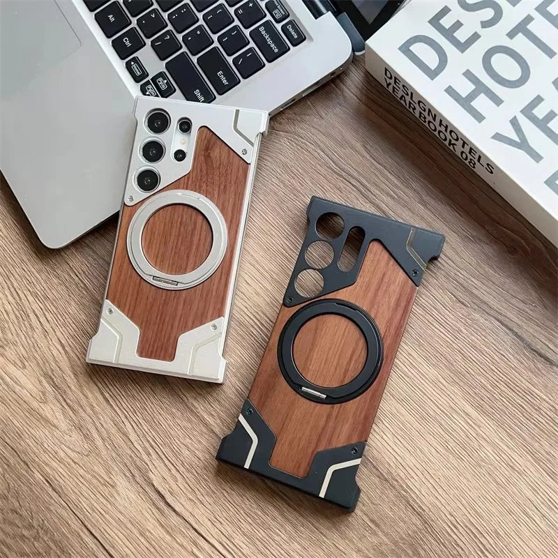 luxury Walnut metal case with 360-degree rotating magnetic stand - Sky-cover