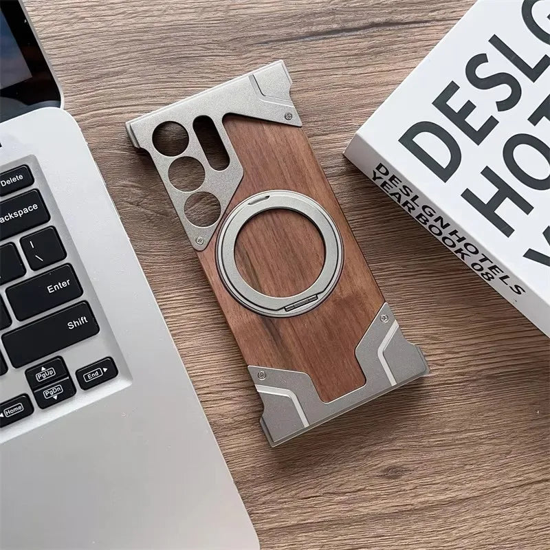 luxury Walnut metal case with 360-degree rotating magnetic stand - Sky-cover