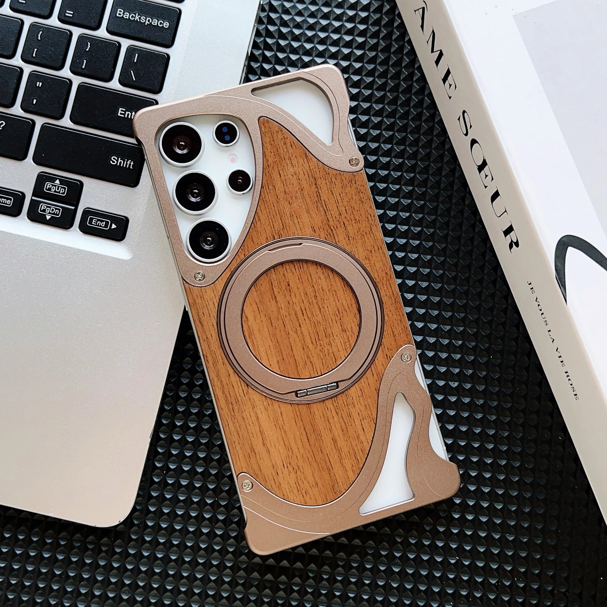 luxury Walnut metal case with 360-degree rotating magnetic stand - Sky-cover