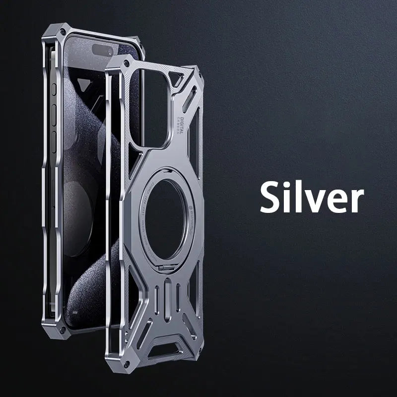 Luxury Metal Hollow Heat-Absorbing Phone Case for iPhone 15 14 13 Pro Max with Aluminum Magnetic Holder - Silver / For Iphone 15 Pro Max - Sky-cover