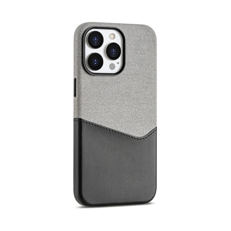 Leather Case with MagSafe Card Holder for iPhone 16 15 14 13 12 Pro Max with Wireless Charger Lens Metal Alloy Cover Color Block - Grey-Black / For iPhone 16 Pro Max - Sky-cover