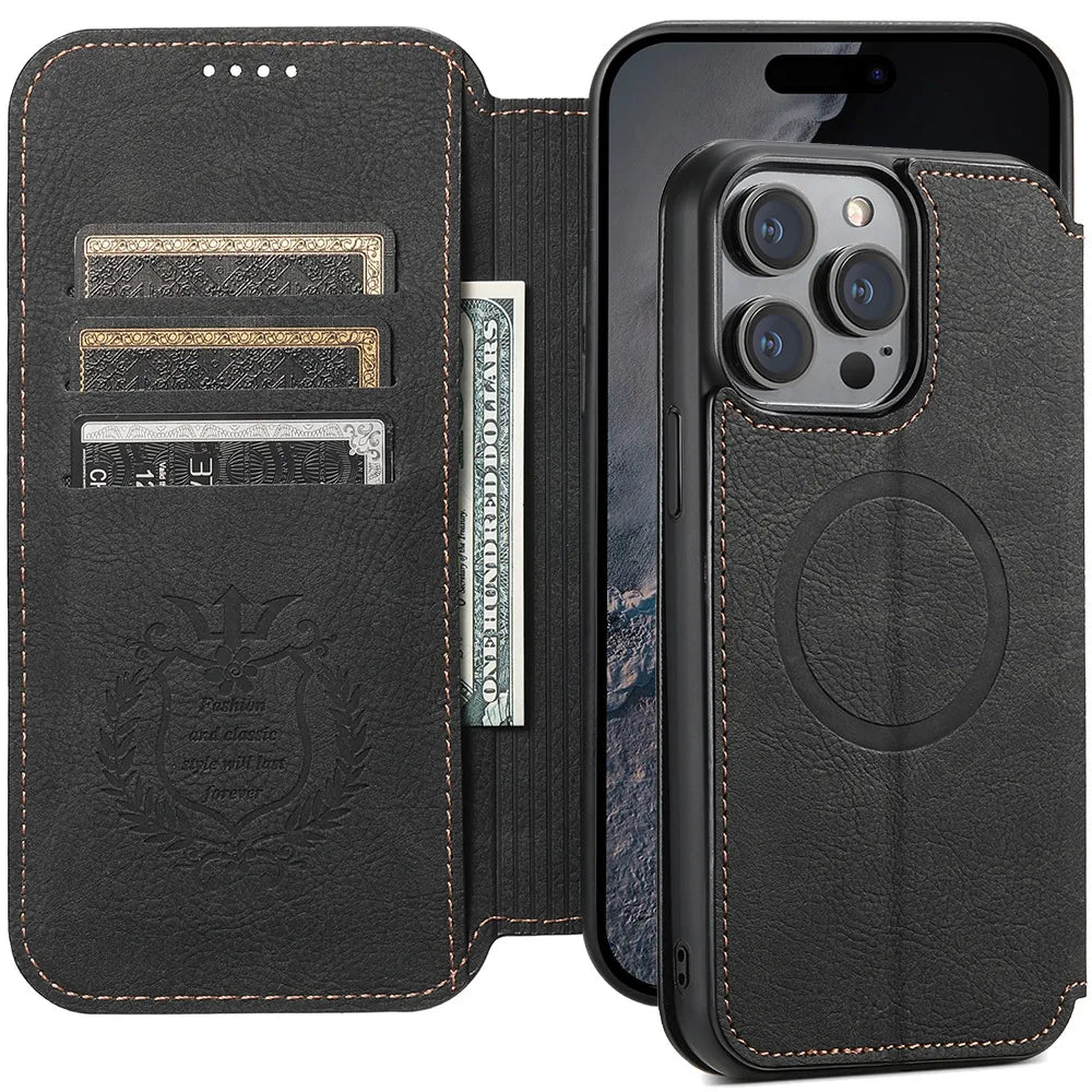 Leather Magnetic Kickstand Case with Card Storage – Dual-Layer Full Coverage for iPhone - Sky-cover