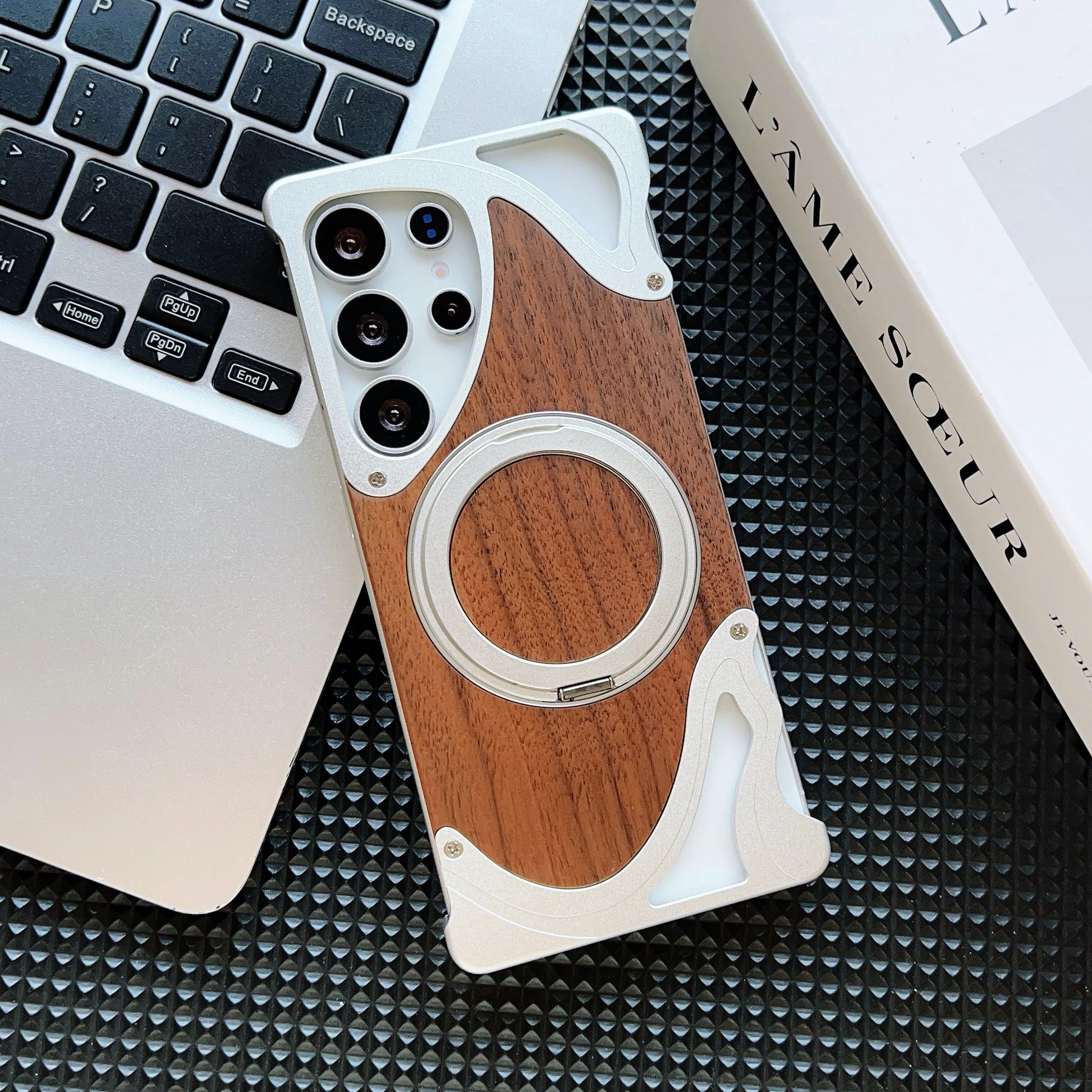 Walnut Wood Metal Case with 360 Degree Rotating Magnetic Holder for Samsung - Sky-cover
