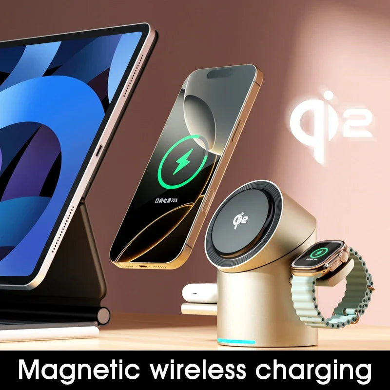 Touch Rotate Qi2 Magnetic 3-in-1 Wireless Charger 15W Fast Charging Station for iPhone 13 14 15 16 Series Apple Watch AirPods - Sky-cover