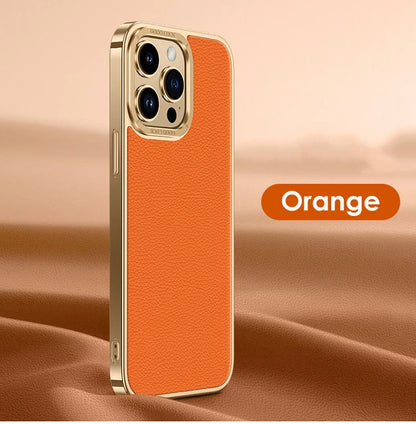 Luxury dermis Phone Case For iPhone 14 13 12 Pro Max Genuine leather Electroplated border Cover - Orange / For iPhone 14 Pro Max - Sky-cover