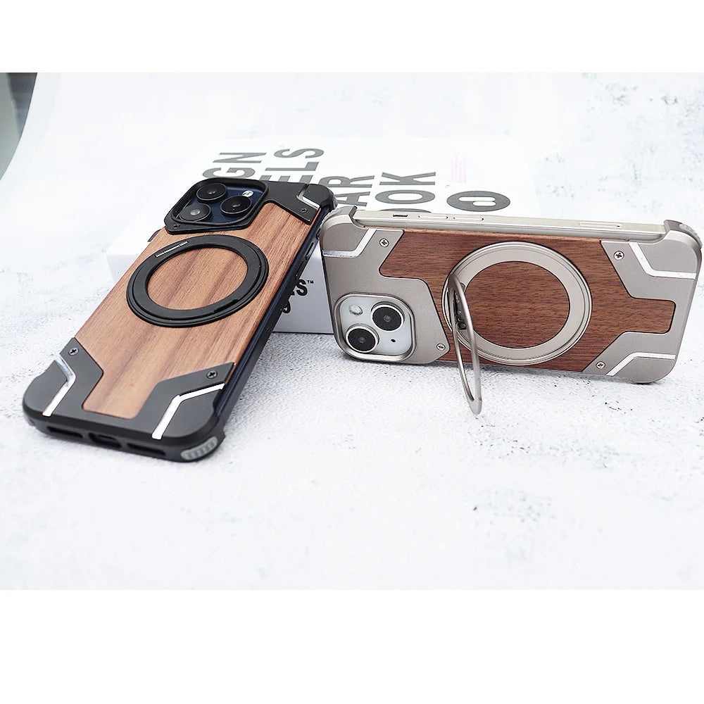 Luxury Magnetic Magsafe Phone Case for IPhone 15 14 13 Pro Max Walnut Wood Metal Case 360°Rotating Ring Stand Framework - Sky-cover