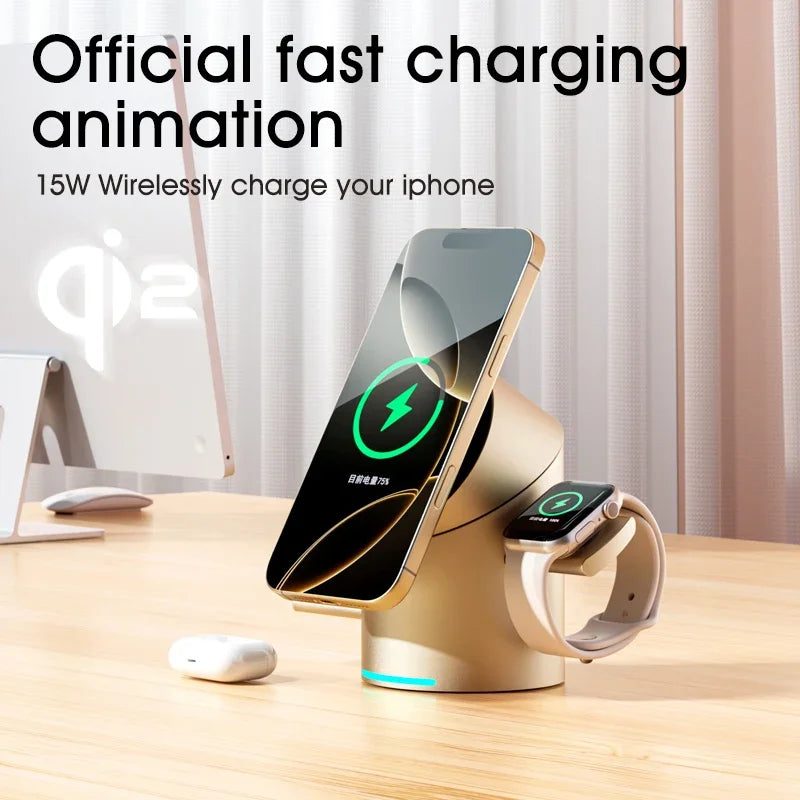 Touch Rotate Qi2 Magnetic 3-in-1 Wireless Charger 15W Fast Charging Station for iPhone 13 14 15 16 Series Apple Watch AirPods - Sky-cover