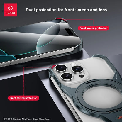 Xundd For iPhone 16 Pro 16 15 Pro Max Aluminum Alloy Protective Frame with 360° Rotatable Magnetic Stand For Wireless Charging - Sky-cover