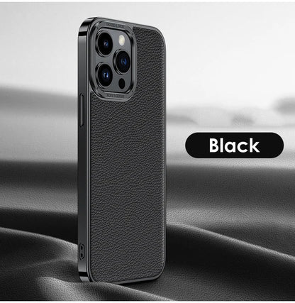 Luxury dermis Phone Case For iPhone 14 13 12 Pro Max Genuine leather Electroplated border Cover - Black / For iPhone 14 Pro Max - Sky-cover