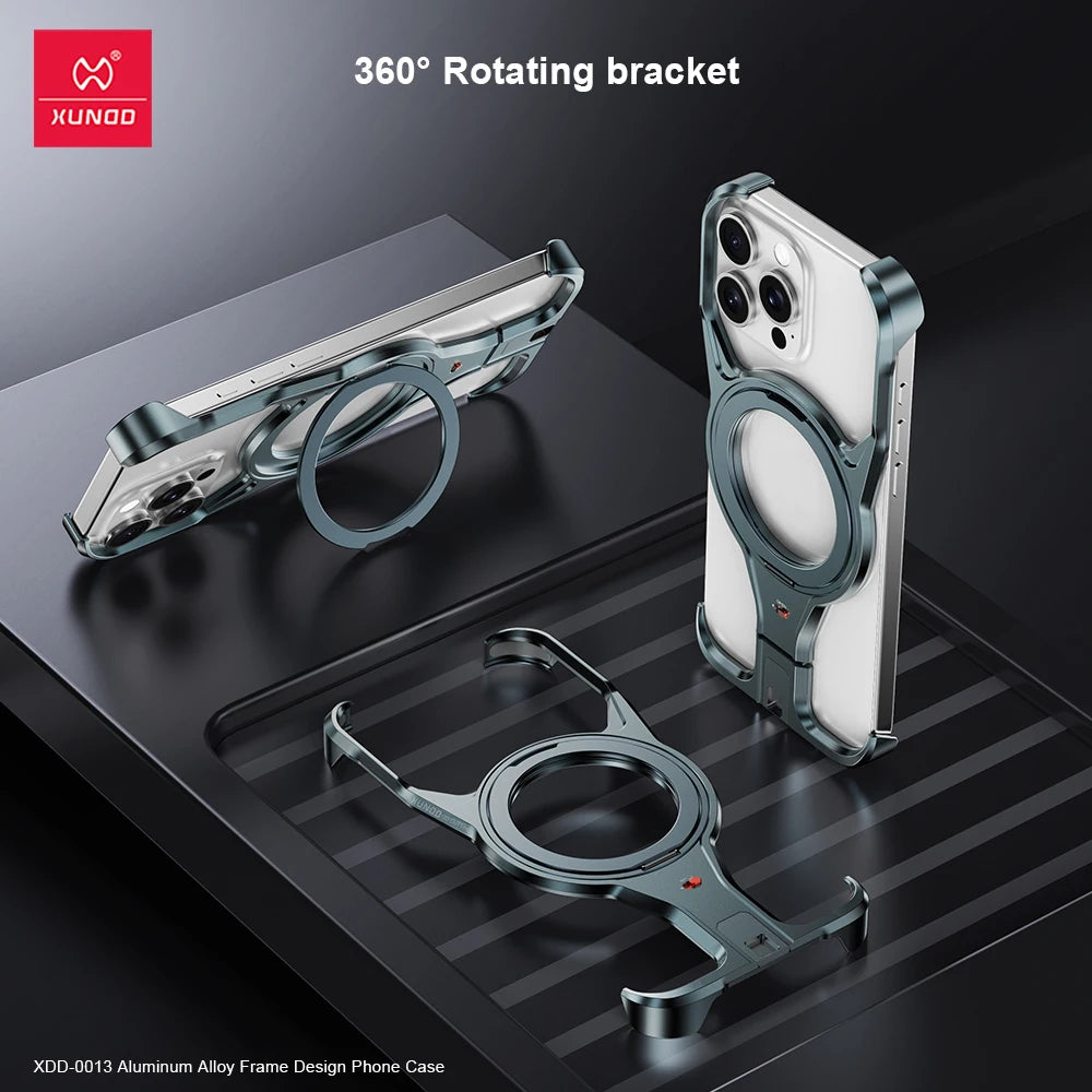 Xundd For iPhone 16 Pro 16 15 Pro Max Aluminum Alloy Protective Frame with 360° Rotatable Magnetic Stand For Wireless Charging - Sky-cover