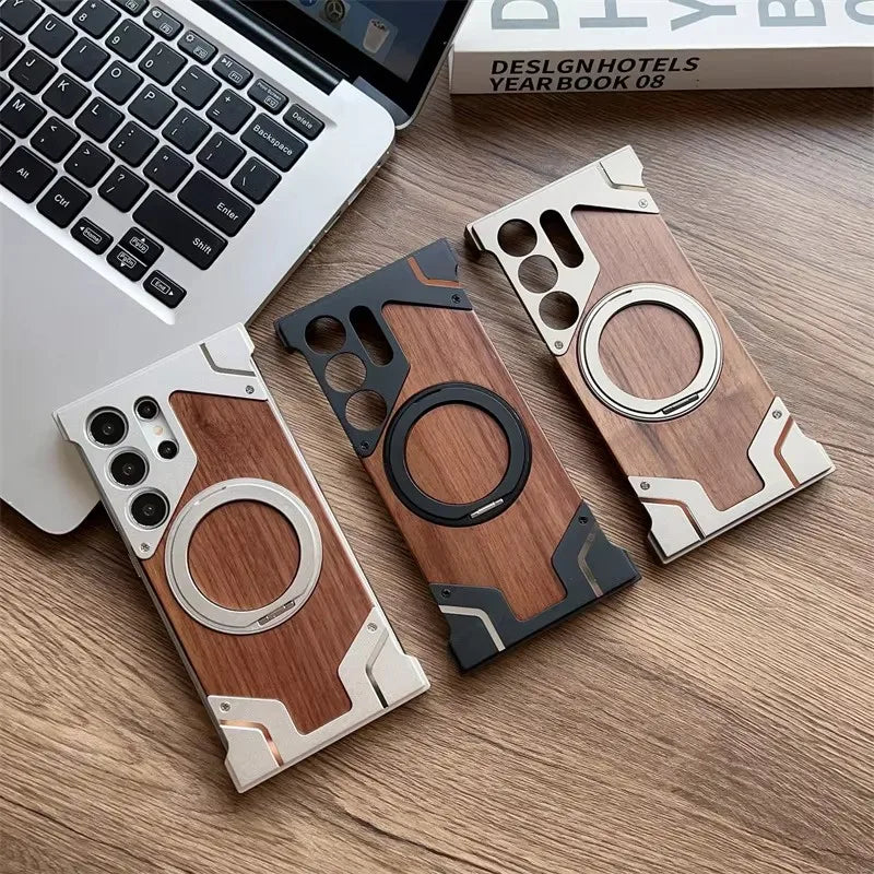luxury Walnut metal case with 360-degree rotating magnetic stand - Sky-cover