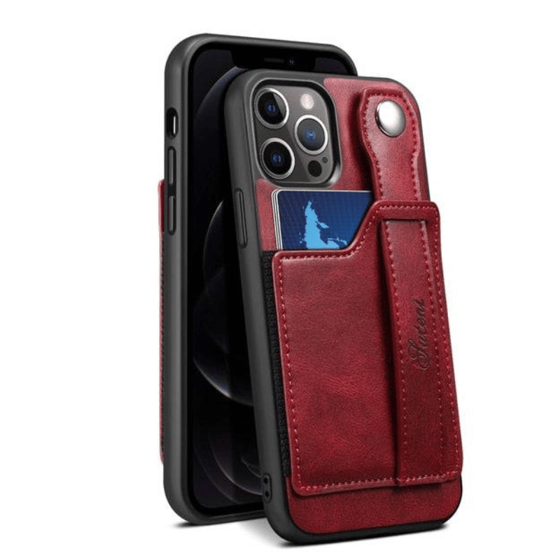 Luxury Case Leather Wallet Cover With Wrist Strap Stand Feature Credit Cards Pocket - Red / For iPhone 15 Pro Max - Sky-cover