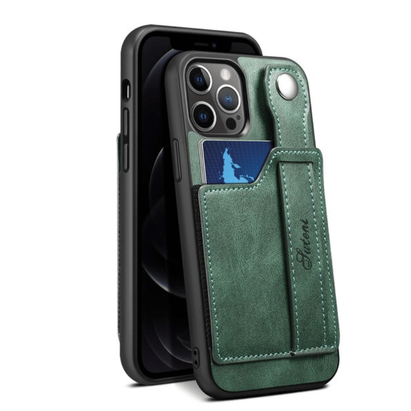 Luxury Case Leather Wallet Cover With Wrist Strap Stand Feature Credit Cards Pocket - Green / For iPhone 15 Pro Max - Sky-cover