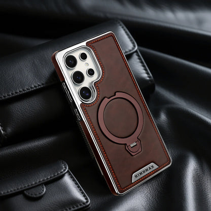Brown leather phone case with magnetic ring stand on a black surface - Skycover