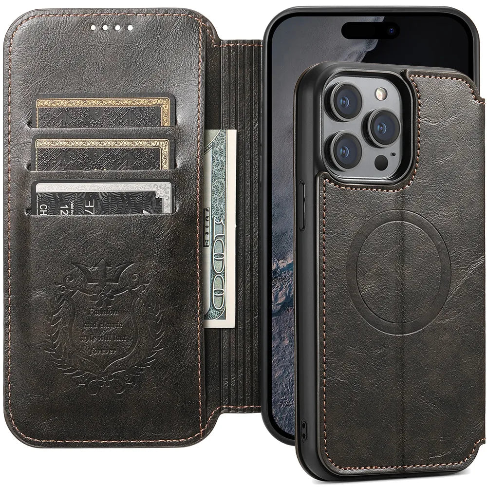 Leather Magnetic Kickstand Case with Card Storage – Dual-Layer Full Coverage for iPhone - Sky-cover