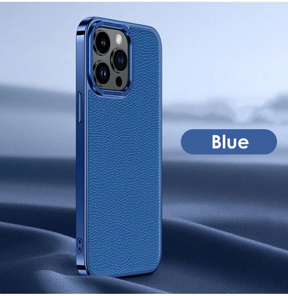 Luxury dermis Phone Case For iPhone 14 13 12 Pro Max Genuine leather Electroplated border Cover - Blue / For iPhone 14 Pro Max - Sky-cover