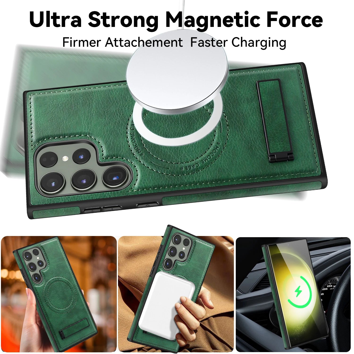 Luxury Leather Magnetic Wireless Charging Case for Samsung S22 S23 Plus S24 Ultra - Green / Galaxy S24 Ultra - Sky-cover