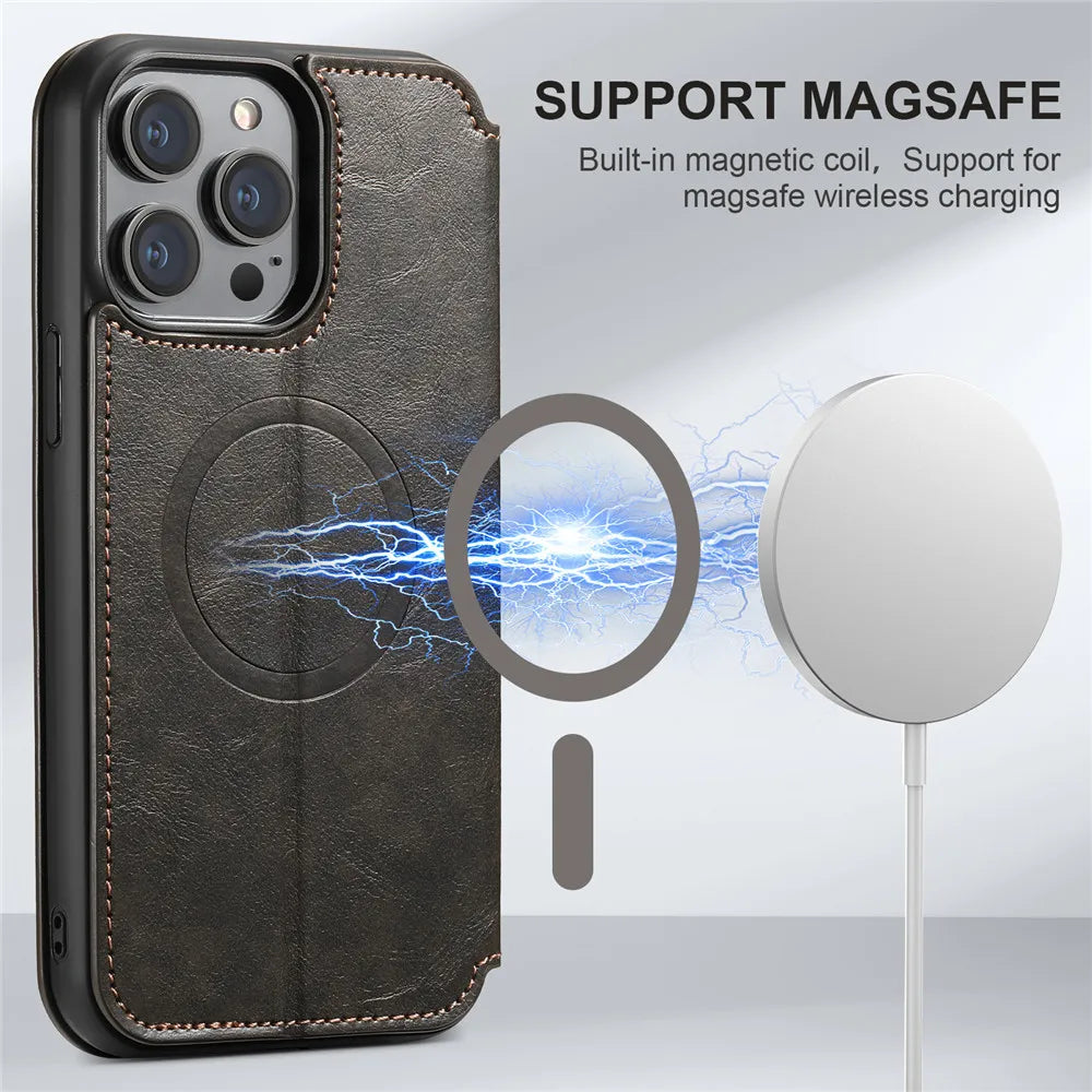Leather Magnetic Kickstand Case with Card Storage – Dual-Layer Full Coverage for iPhone - Skycover