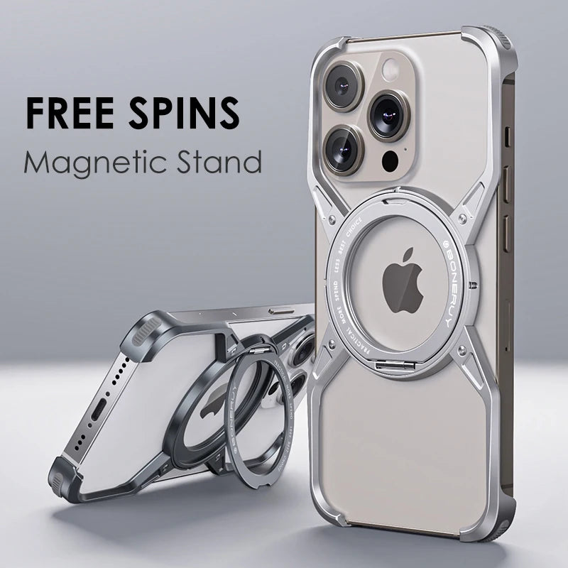 Aluminum Alloy Rimless Magnetic Stand Phone Case For iPhone 15 14 13 16 series Detachable Metal Magsafe Cooling Shockproof Cover - SKYCOVER