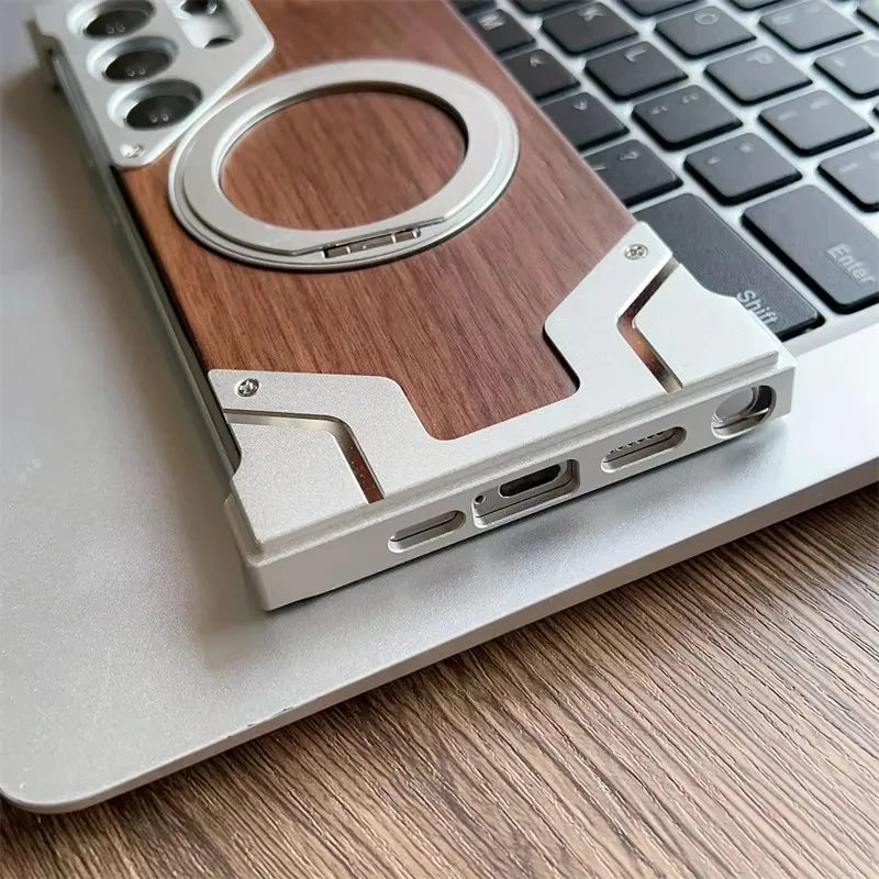 luxury Walnut metal case with 360-degree rotating magnetic stand - Sky-cover