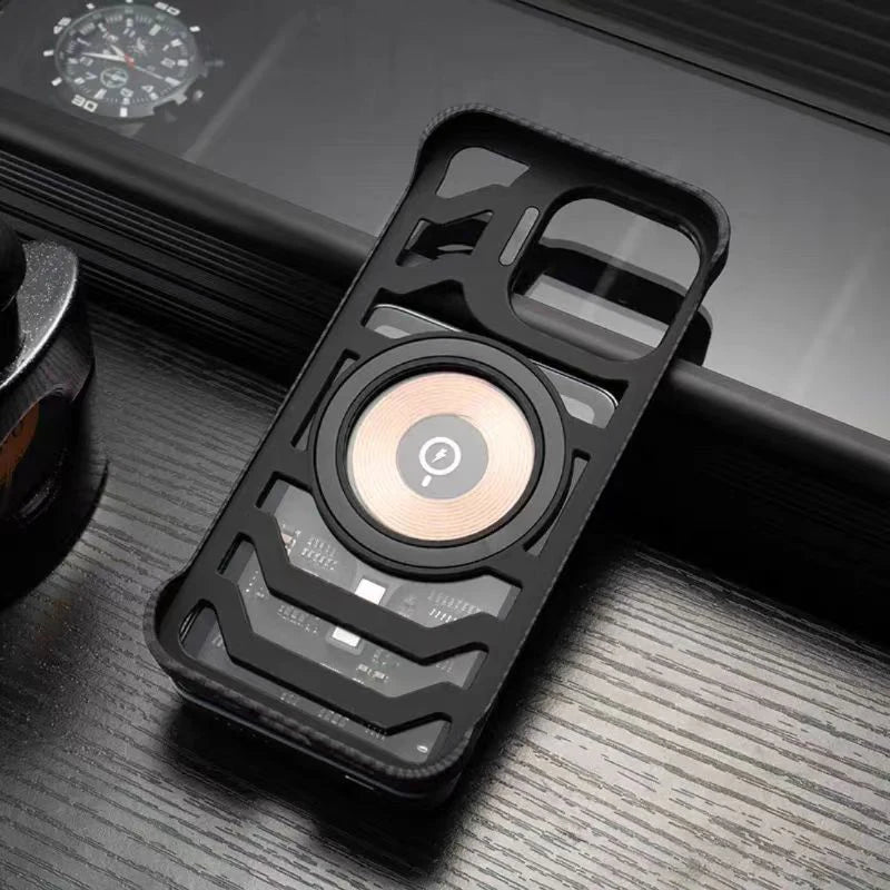 Luxury Carbon Fiber Style Magnetic Phone Case for iPhone 16 15 14 13 12 Pro Max with Lens Holder