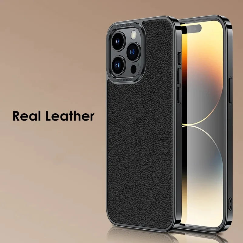 Luxury dermis Phone Case For iPhone 14 13 12 Pro Max Genuine leather Electroplated border Cover - Sky-cover