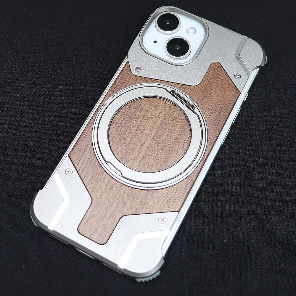 Luxury Magnetic Magsafe Phone Case for IPhone 15 14 13 Pro Max Walnut Wood Metal Case 360°Rotating Ring Stand Framework - Sky-cover