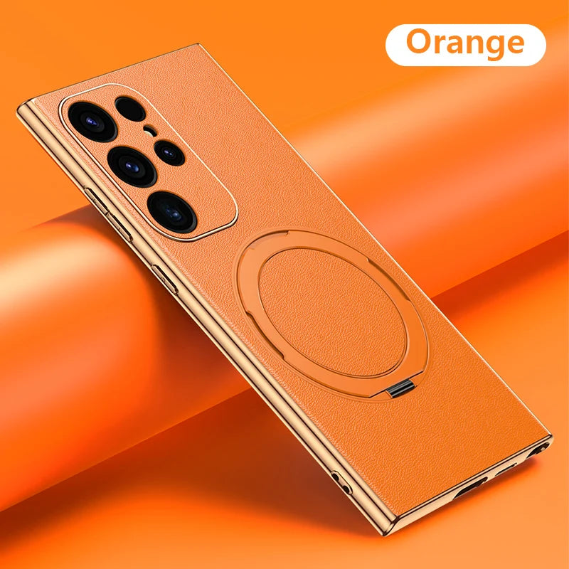 Luxury Genuine Leather Metal Ring Holder Case For Samsung Galaxy S23 S24 Ultra S24 plus - Orange / For Samsung S24 Ultra - Sky-cover