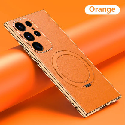 Luxury Genuine Leather Metal Ring Holder Case For Samsung Galaxy S23 S24 Ultra S24 plus - Orange / For Samsung S24 Ultra - Sky-cover